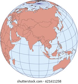 Globe Map centered on Asia. Ortographic projection with graticule. Elements of this image furnished by NASA. vector map