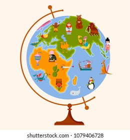 Globe map for children. Back to school. Vector illustration.