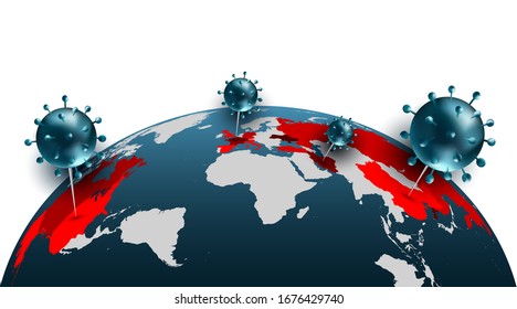 Globe Map with Corona Virus Navigation Pointers and Infected Countries Marked Red. 3D Vector Illustration