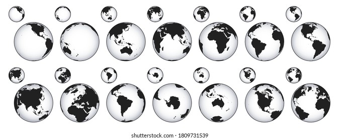 Globe map icon. Europe, africa, asia and america circle maps. Stencil earth sphere vector illustration set