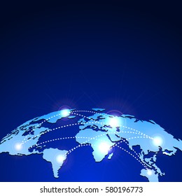 Globe Map Illuminated with Spot Lights Connected. Global Communication Concept. Vector Illustration