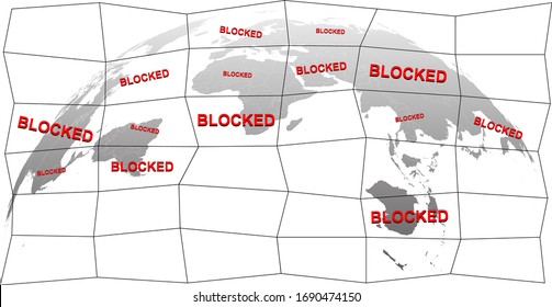 Globe Map Infected with Corona Virus. Blocked Stamp on Every Country. Vector Illustration