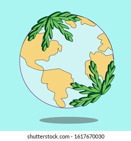 Globe with a map of the mainland. Also there are green leaves around the earth. Colors, that was used are symbolic. Colors of continents are the symbol of depletion of the planet. 