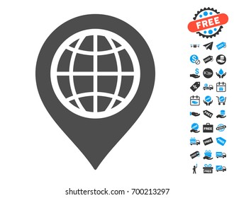Globe Map Marker grey icon with free bonus clip art. Vector illustration style is flat iconic symbols.