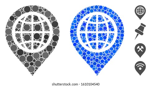 Globe map marker mosaic of round dots in various sizes and color tints, based on globe map marker icon. Vector small circles are grouped into blue mosaic.