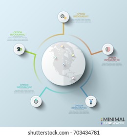 Globe with map marks surrounded by 5 paper white circular elements with pictograms inside and text boxes. Concept of international chain stores indication. Minimal infographic design template.