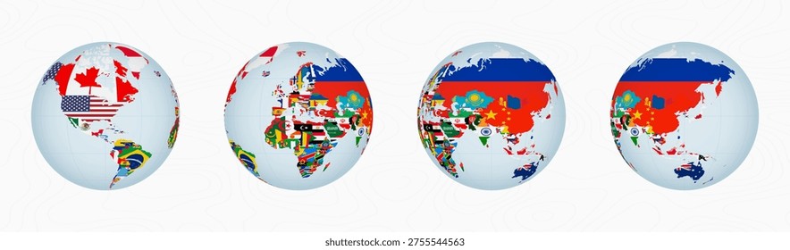 Globe Map with National Flags of the World. A stunning visual of Earth globes showcasing diverse national flags across continents, blending geography with cultural identity in a colorful design.