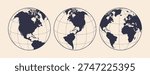 Globe, map, North South America. Earth globe with United States of America, USA. Europe, Asia, America, Oceania globe set. Map of America, USA Earth globe sign, symbol, circle. Vector Illustration
