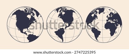Globe, map, North South America. Earth globe with United States of America, USA. Europe, Asia, America, Oceania globe set. Map of America, USA Earth globe sign, symbol, circle. Vector Illustration