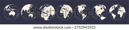 Globe, map, North South America, Africa, Europe Oceania, Australia, Asia. Earth globe with continents. Europe, Asia America Oceania globe set. Map globe sign, symbol circle. Vector Illustration