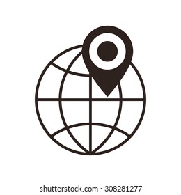 Globe and map pin icon isolated on white background