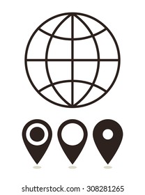 Globe and map pin icons  isolated on white background