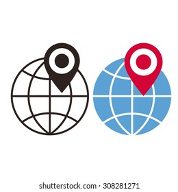 Globe and map pin icons isolated on white background