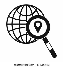 Globe, map pointer and magnifying glass icon in simple style isolated vector illustration