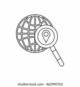 Globe, map pointer and magnifying glass icon in outline style isolated vector illustration
