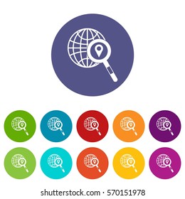 Globe, map pointer and magnifying glass set icons in different colors isolated on white background