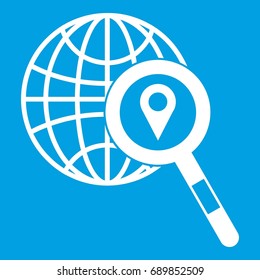 Globe, map pointer and magnifying glass icon white isolated on blue background vector illustration