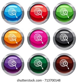 Globe, map pointer and magnifying glass set icon isolated on white. 9 icon collection vector illustration