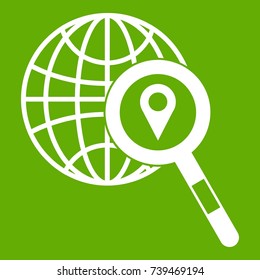 Globe, map pointer and magnifying glass icon white isolated on green background. Vector illustration