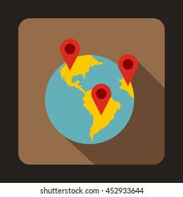 Globe and map pointers icon in flat style on a coffee background