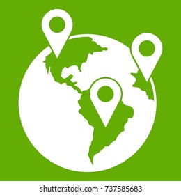 Globe and map pointers icon white isolated on green background. Vector illustration