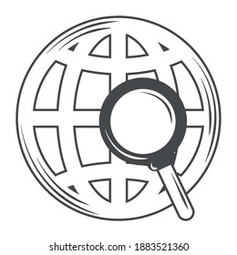 mundo del mapa del globo y icono de la ilustración vectorial de la búsqueda de lupa