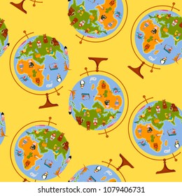 Globe maps for children. Back to school. Seamless background pattern. Vector illustration