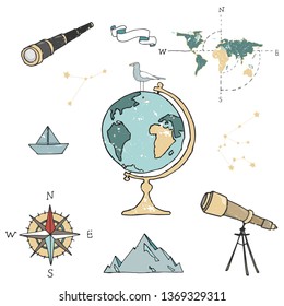 Globe, maps, compass and others school subjects. School and study subjects. Geography science vector illustration. Education and science banners