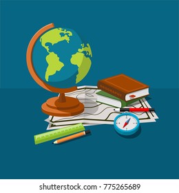 Globe, maps, compass and others school subjects. School and study subjects. Geography science vector illustration. Education and science banners.