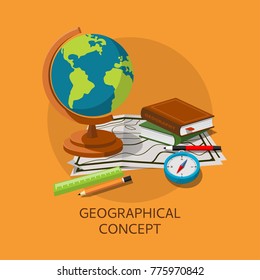 Globe, maps, compass and others school subjects. School and study subjects.
Geography science vector illustration. Education and science banners.