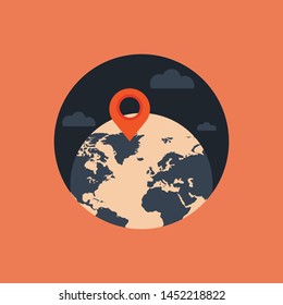 Globe with markers, hand holds label. Flat style, vector illustration
