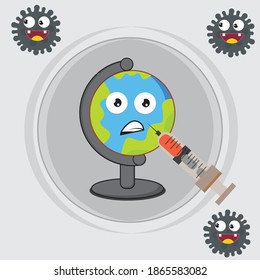 a globe mascot that is being given a covid-19 vaccine shot