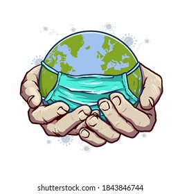 globo con masker sujeto al afiche consciente del virus de la corona