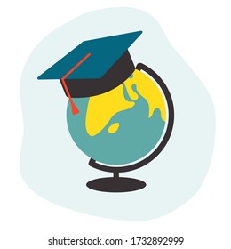 Globe and master's cap. Education concept. Flat vector illustration.