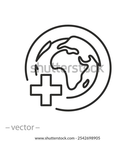 globe with medical cross icon, world medicine, international medic, humanitarian mission logo, thin line symbol on white background - editable stroke vector illustration eps10