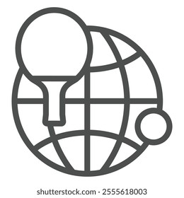 Globe with meridians, tennis racket and ball line icon, table tennis concept. Vector graphics. World tournament sign on white background, outline style icon for mobile or web design