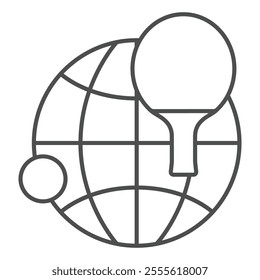 Globe with meridians, tennis racket and ball thin line icon, table tennis concept. Vector graphics. World tournament sign on white background, outline style icon for mobile or web design