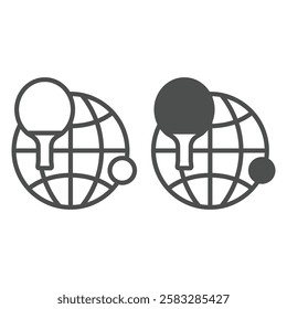 Globe with meridians, tennis racket and ball line and solid icon, table tennis concept. Vector graphics. World tournament sign on white background, outline style icon for mobile or web design