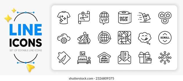 Globe, Metro map and Credit card line icons set for app include Home facility, Delivery cart, Map outline thin icon. Salary, Surprise package, Vip internet pictogram icon. Toilet paper. Vector