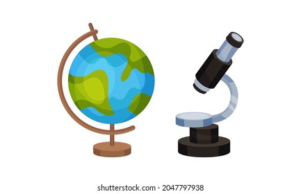 Globe and Microscope as Back to School Symbol and Stationery Object Vector Set