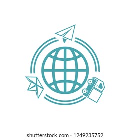 The globe model, around it the plane, the car and the ship. Set of vector icons. Transportations and delivery worldwide. Flat design.