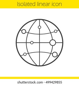 Globe model with route points linear icon. Flight destinations. Thin line illustration. Worldwide travel locations contour symbol. Vector isolated outline drawing