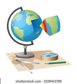 Globe model and separate segment with ground layers, world map, metal divider, glass compass and wooden pencil isolated vector illustration.