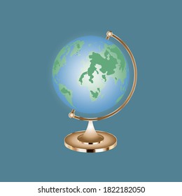 Globe. Modern 3D model. Planet earth isolated on blue background. Land model for business and design. Vector illustration