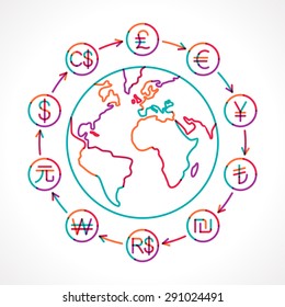 Globe with money cycle symbol. Various currencies signs. Banking, international trading, money exchange, financial system concept. Transparent colorful line vector illustration