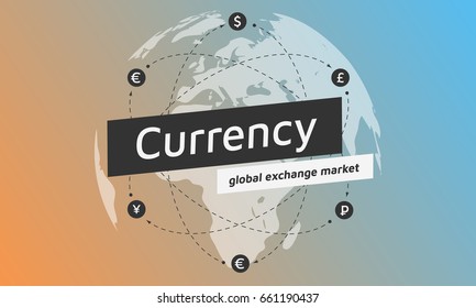 Globe And Money Icon. Abstract Sign Currency Exchange Flat Design. Illustration. Editable Eps10 Vector. Transparent Background.