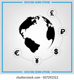 Globe and money icon vector EPS 10, abstract sign currency exchange flat design,  illustration modern isolated badge for website or app - stock info graphics