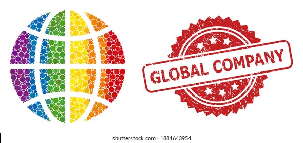Globe mosaic icon of filled circle elements in various sizes and LGBT colorful color tints, and Global Company dirty rosette seal print. A dotted LGBT-colored Globe for lesbians, gays, transgenders,