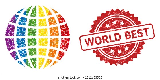 Globe mosaic icon of spheric elements in variable sizes and LGBT colored shades, and World Best textured rosette seal print. A dotted LGBT-colored Globe for lesbians, gays, transgenders,