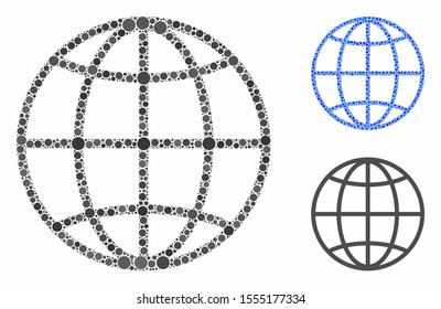 Globe mosaic of round dots in variable sizes and color hues, based on globe icon. Vector dots are composed into blue collage. Dotted globe icon in usual and blue versions.